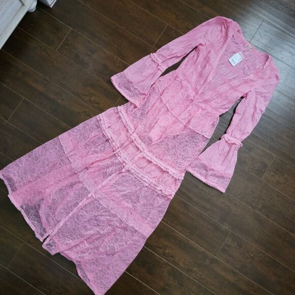 Free People Sweet Saloon Maxi Bodysuit Womens M Pink Lace Romance Enchanting - Picture 4 of 11